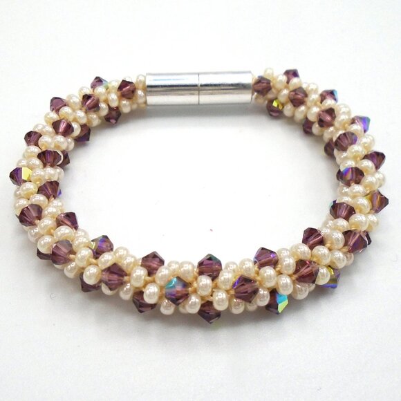 AMETHYST and CREAM CRYSTALS KUMIHIMO Beaded Bracelet Handmade - Picture 3 of 3